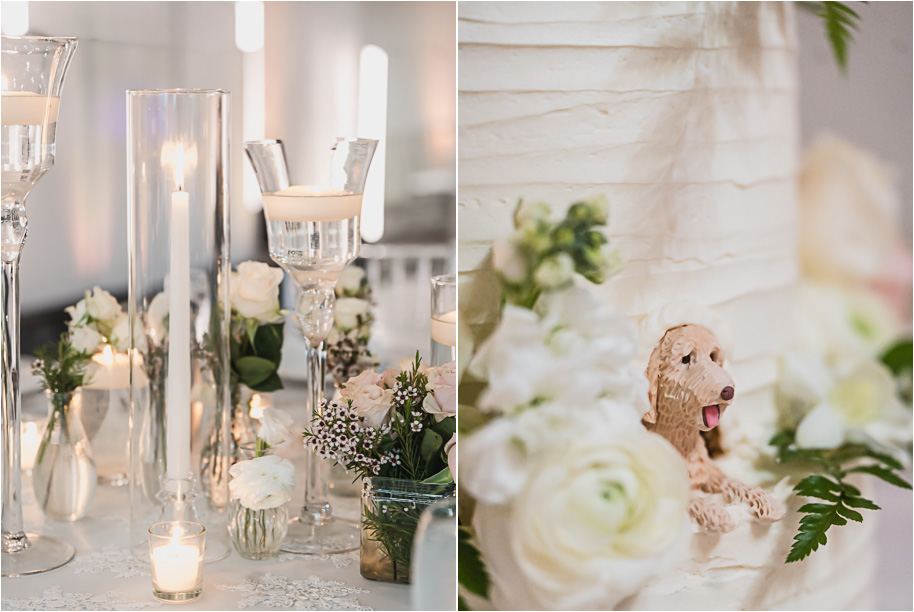 Elegant white wedding cake decorated with fresh blush pink and ivory roses with greenery, and custom doodle popping out photographed at Bay Pointe Golf Club wedding reception.