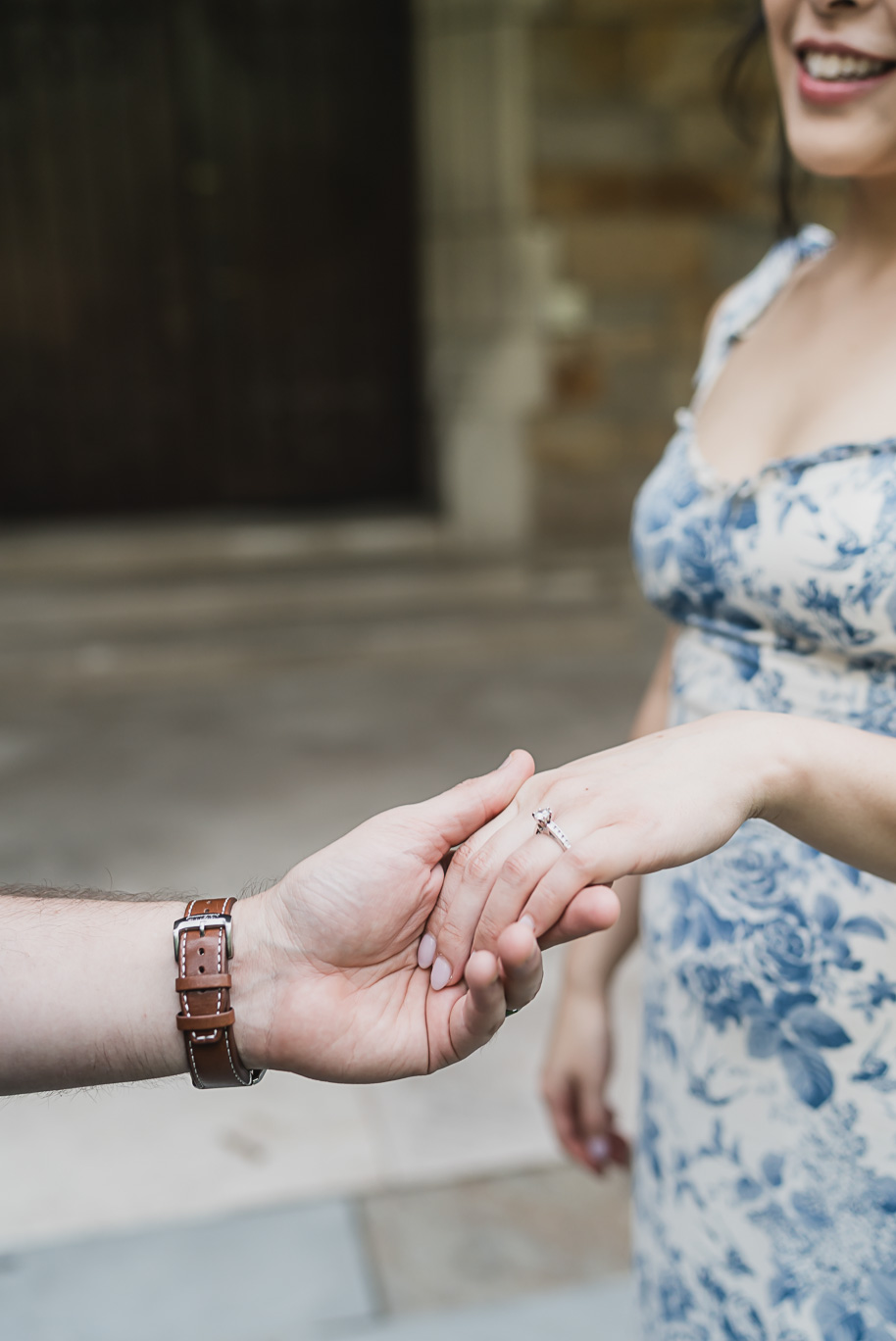 Detail shot of Linda’s engagement ring during her Michigan Law Quad engagement session, with a timeless focus on romance and elegance.