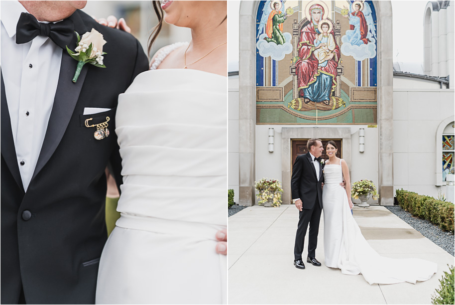 Bride and her dad share a hug during their Macedonian wedding ceremony inside Nativity of the Virgin Mary, surrounded by vibrant domed ceilings and biblical murals.