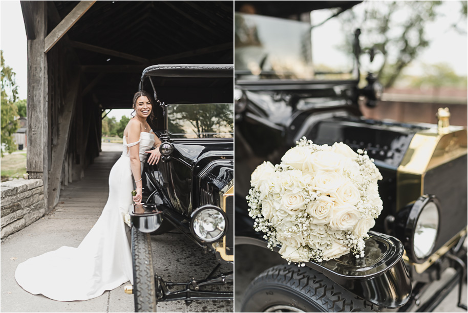 Bride and groom stand beside a black Model T at Greenfield Village for portraits, a nod to Detroit’s history.
