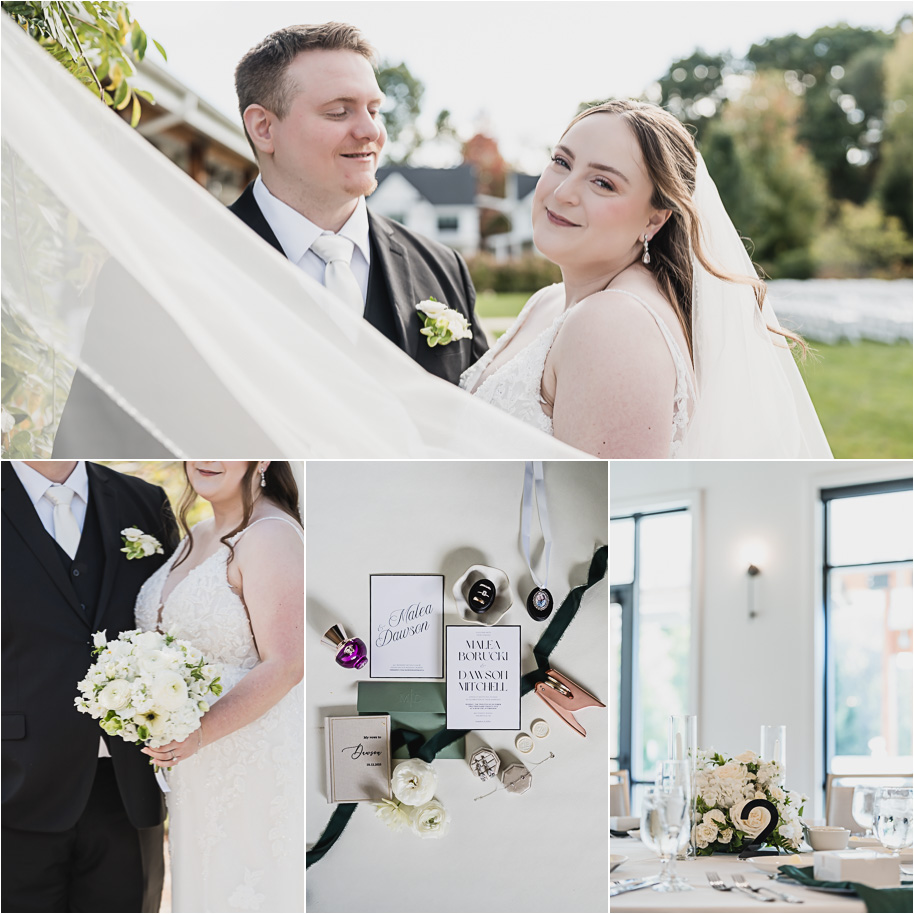 A fall Bay Pointe Woods wedding in Shelbyville, Michigan, featuring white and sage details, black-tie elegance, and heartfelt family legacy. Photographed by Kari Dawson + Co.
