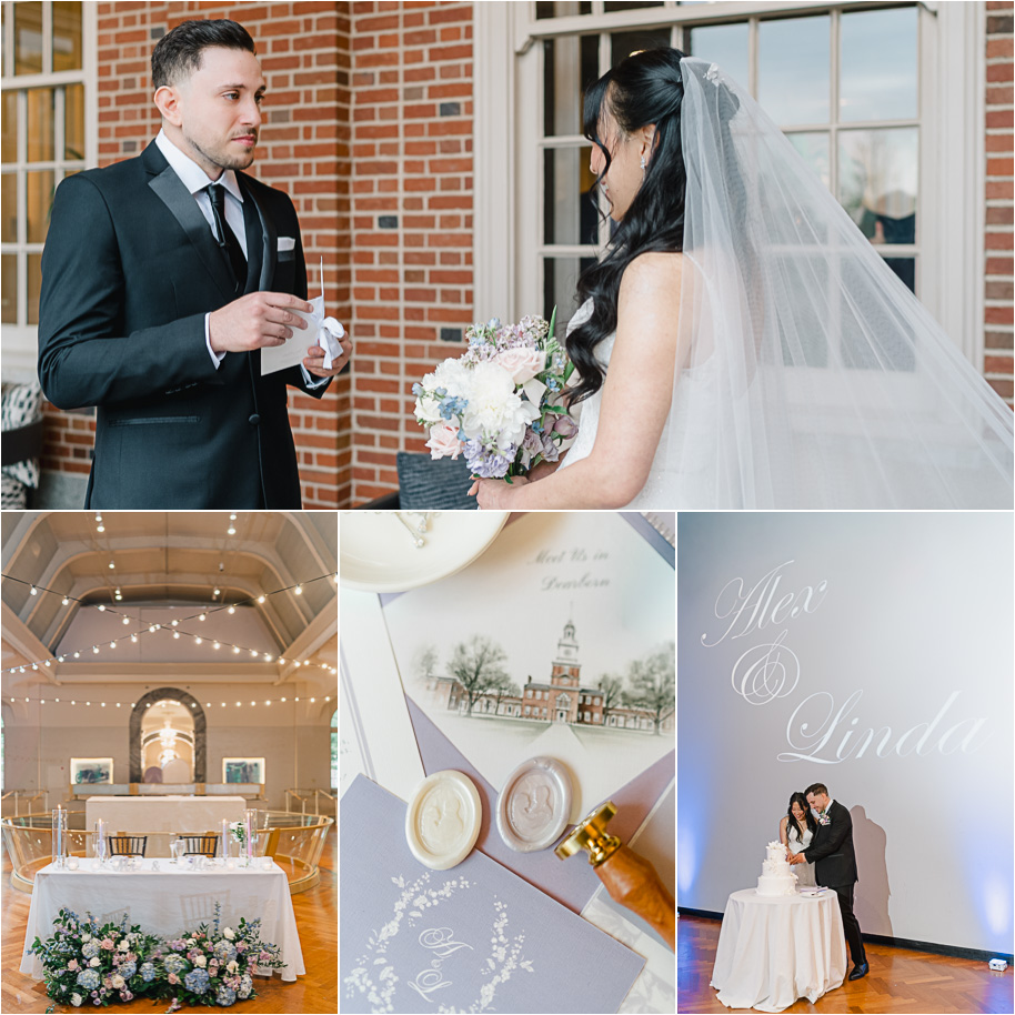 A sneak peek of Alex and Linda's lavender Henry Ford Museum wedding details, first look, and reception.