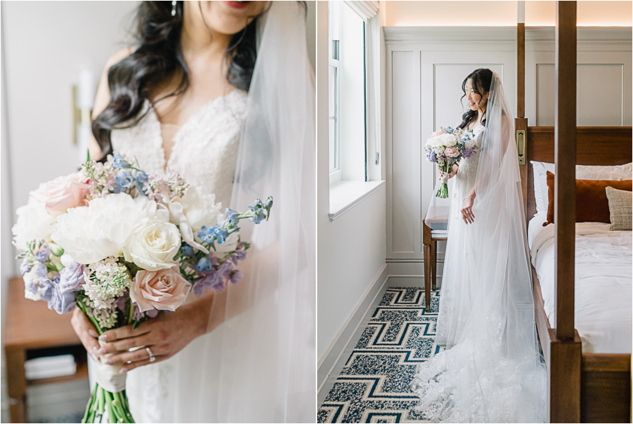 Bride in floral Louvre Couture gown holding lavender bouquet at the Henry Ford Museum wedding in Dearborn Michigan