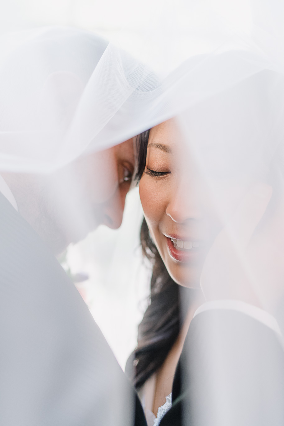 A classic and romantic veil portrait of the bride and groom in the blue room at their Henry Ford Museum wedding in Dearborn, Michigan.