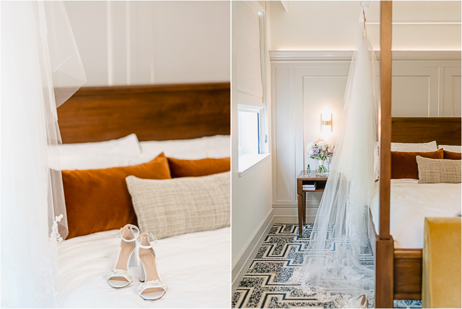 Bridal gown, bridal heels, bridal floral bouquet and other details laid out in the suite of the newly renovated Dearborn Inn.